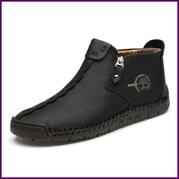 Leather Ankle Boots with Faux Fur Trim Slip Resistant Sole